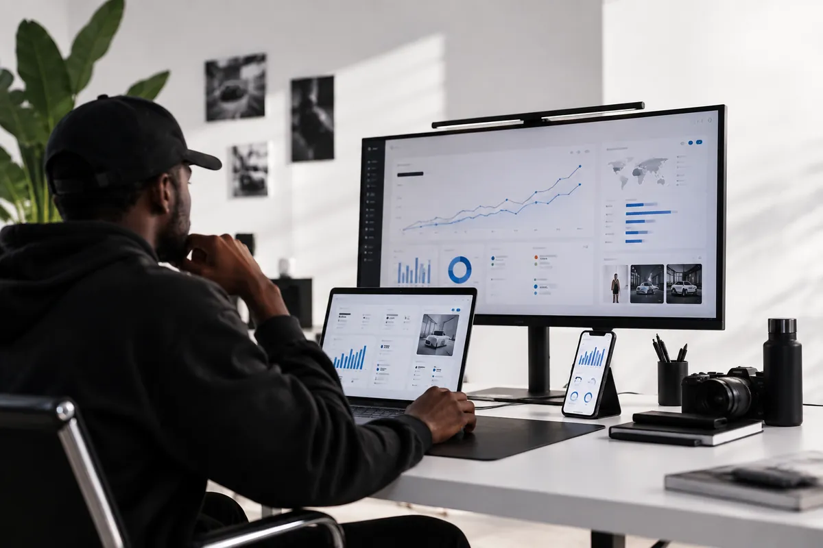 Un homme devant un grand écran et un ordinateur portable qui affichent des tableaux de bord de statistiques publicitaires.
