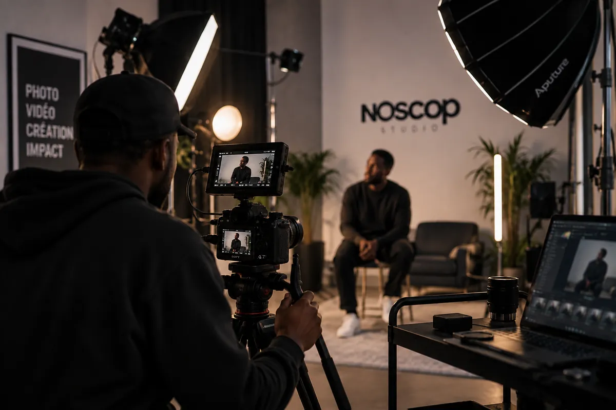 Tournage dans un studio : un cadreur filme un homme assis devant un mur portant le logo Noscop Studio.